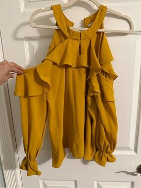 JODIFL Mustard Yellow Keyhole Neck and Cold Shoulder Blouse
